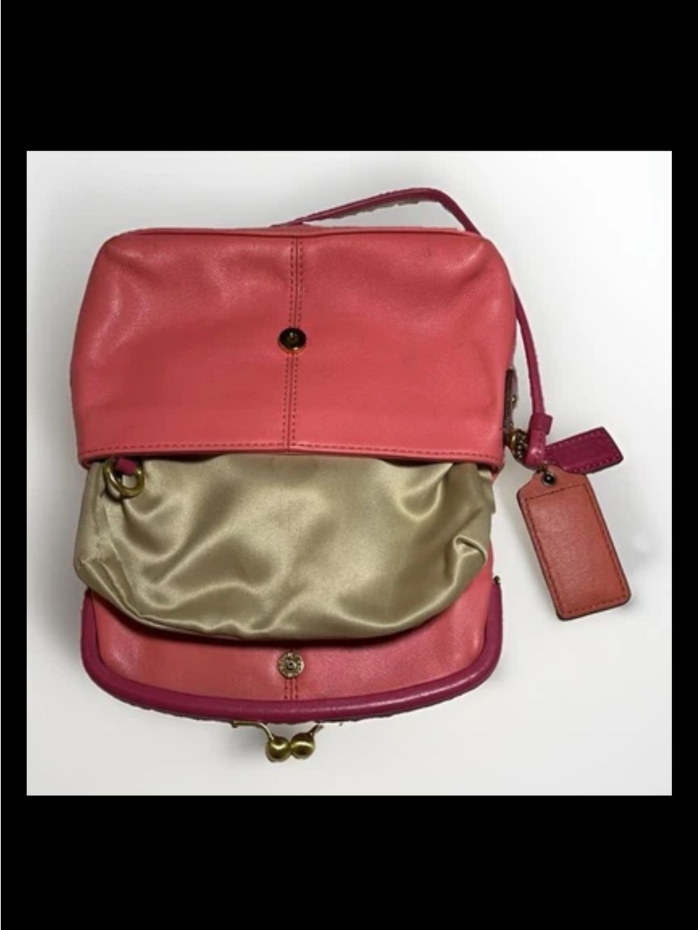 Coach Clutch/Wristlet, Foldover, Kisslock, Two-Tone Coral, Pink Leather, Brass - Picture 10 of 14